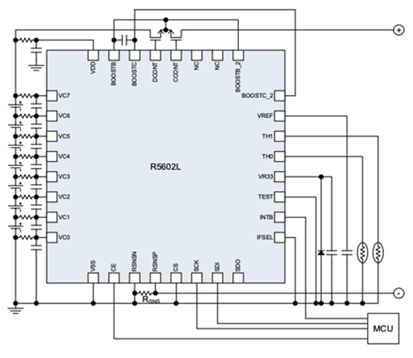 Application Circuit Diagram - Nisshinbo R5602L Battery Management Analog Front-End IC